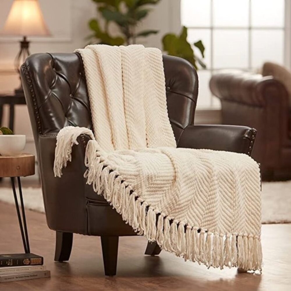 Textured Knit Throw Blanket 50x60 Cream Soft Cozy All Season Home Decor NWT
